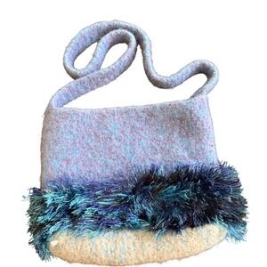 Handmade BoHo Felted Boiled Wool Shoulder Bag Blue Teal Faux Fur Trim